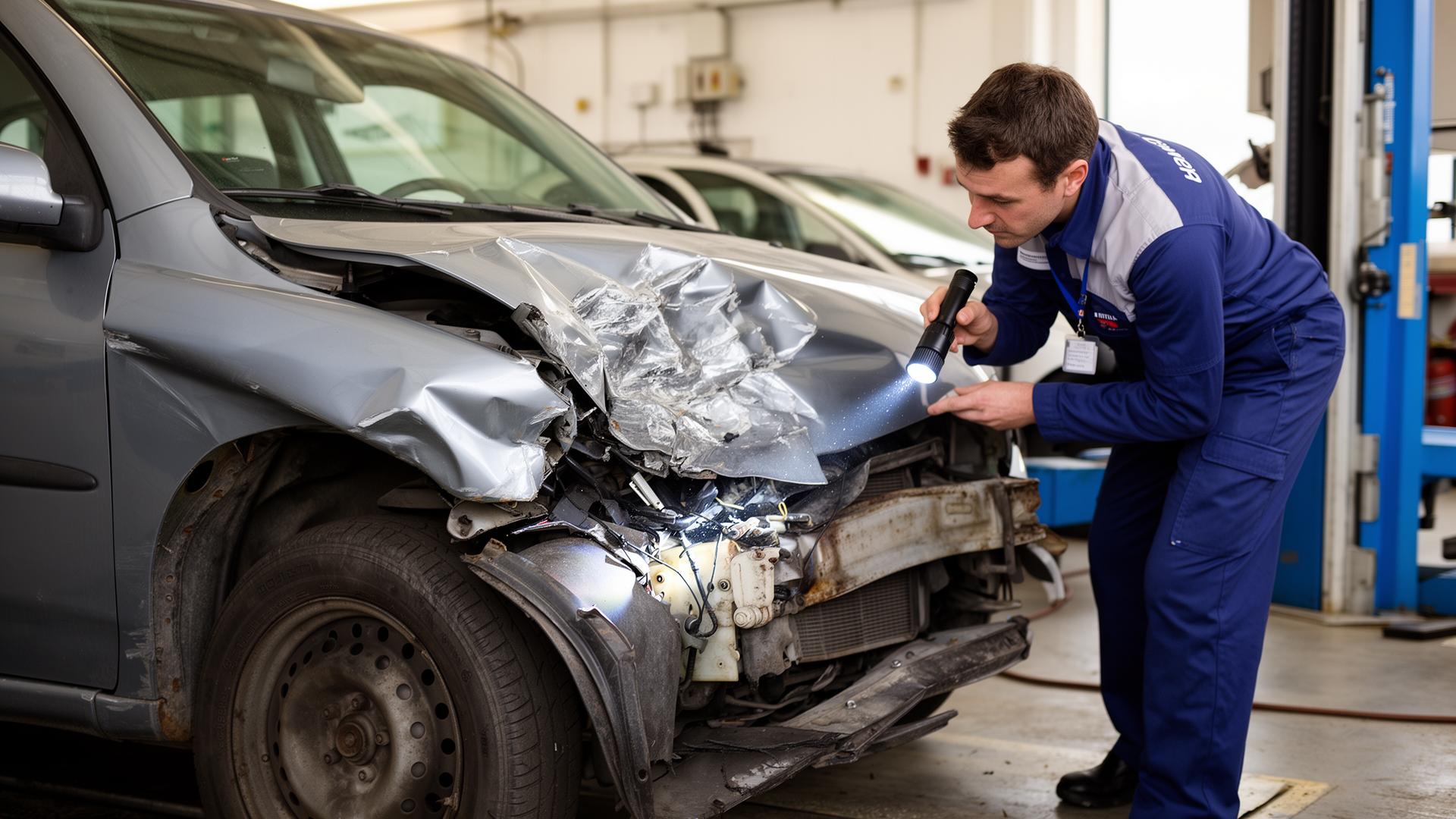 Engenheiro automotivo inspecionando frente amassada de carro batido com lanterna profissional