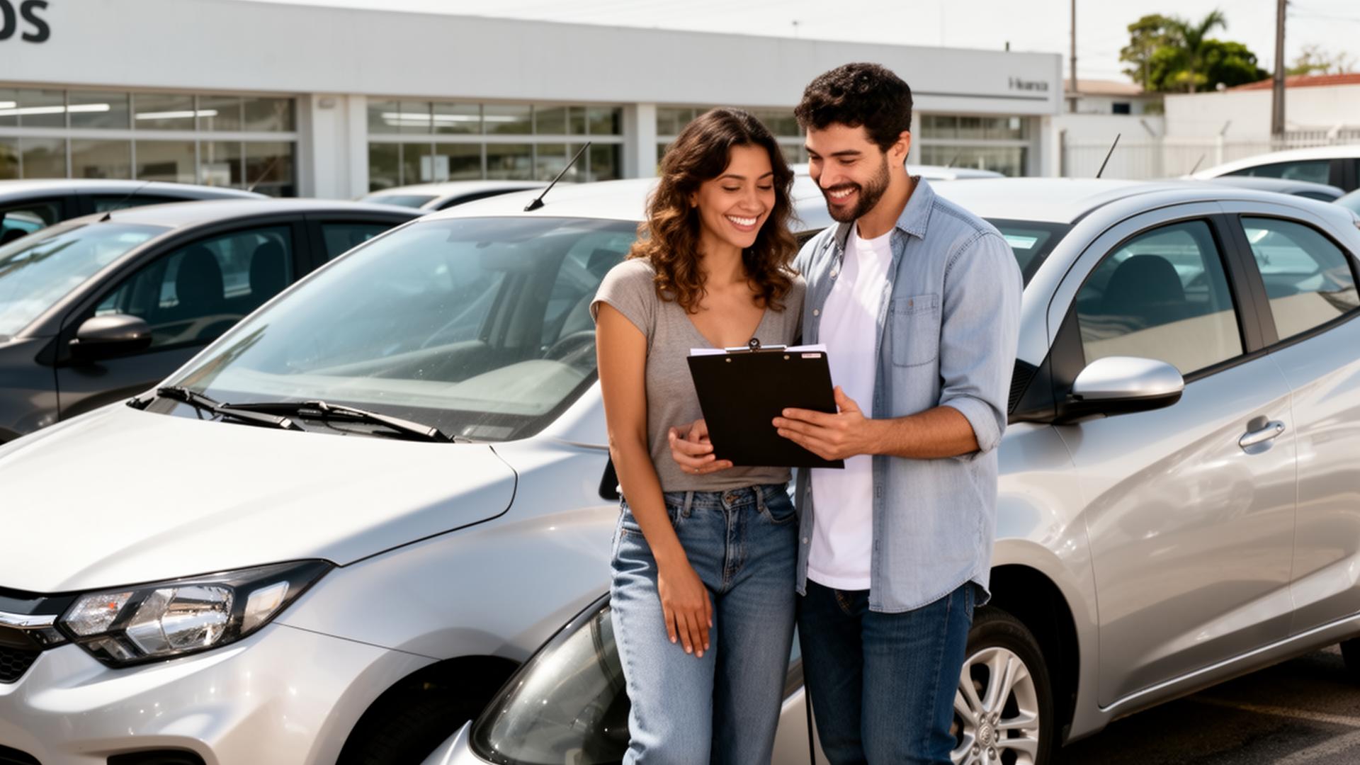Comprador analisando prancheta com checklist ao lado de carro seminovo em loja de revenda