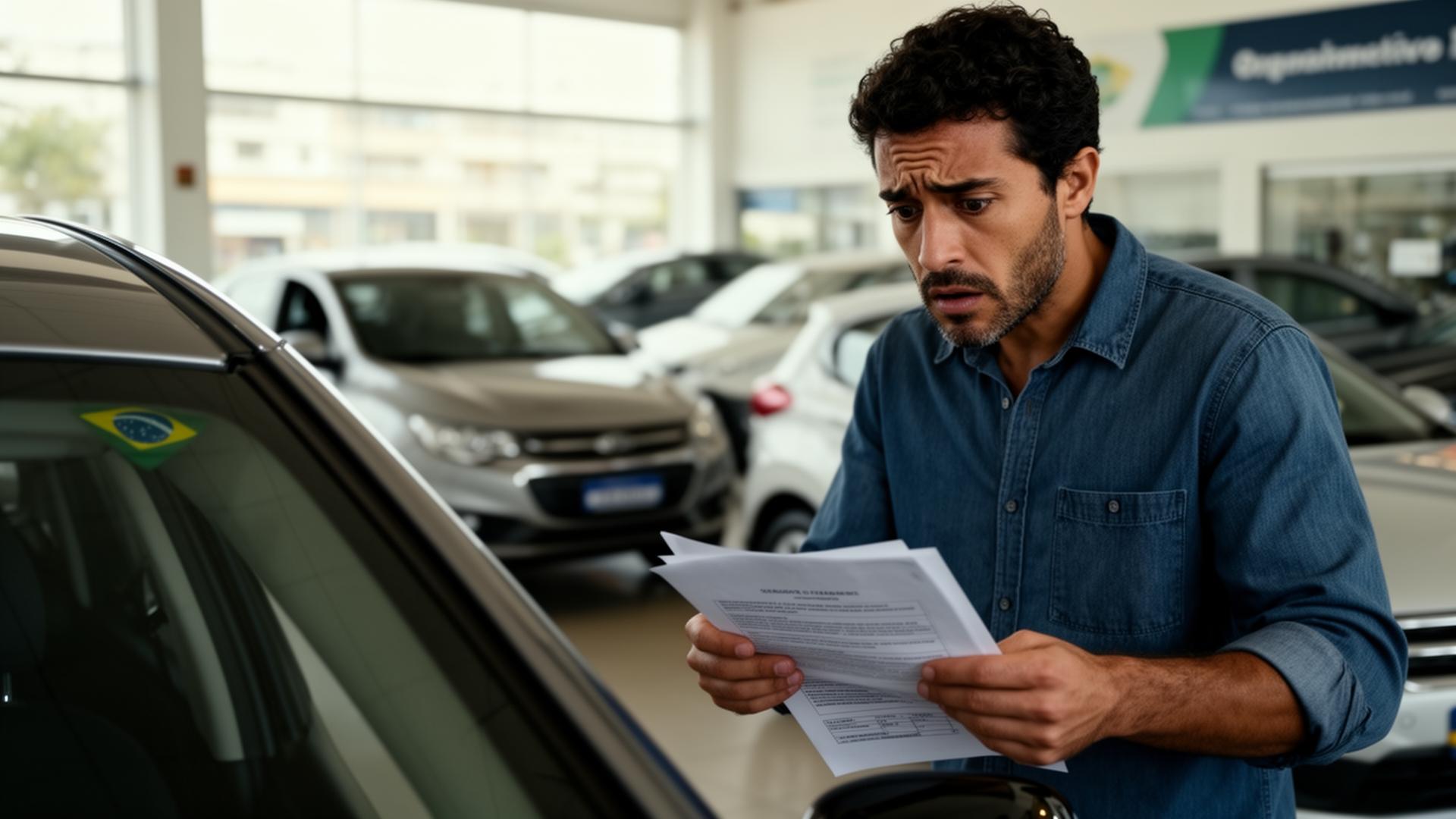 Comprador preocupado analisando documentação de carro usado em loja de seminovos no Brasil