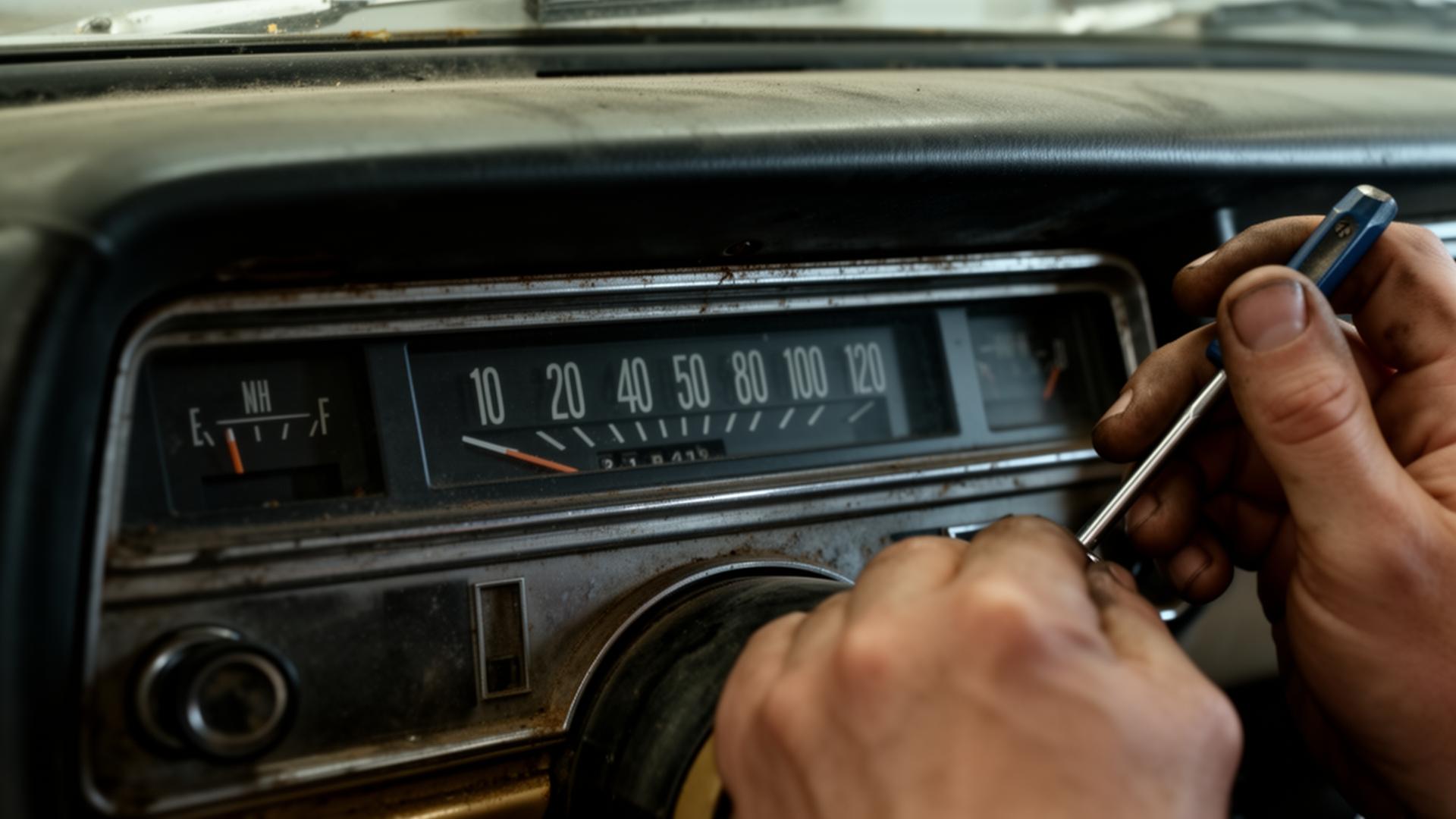 Painel de odômetro de carro usado sendo manipulado por chave de fenda