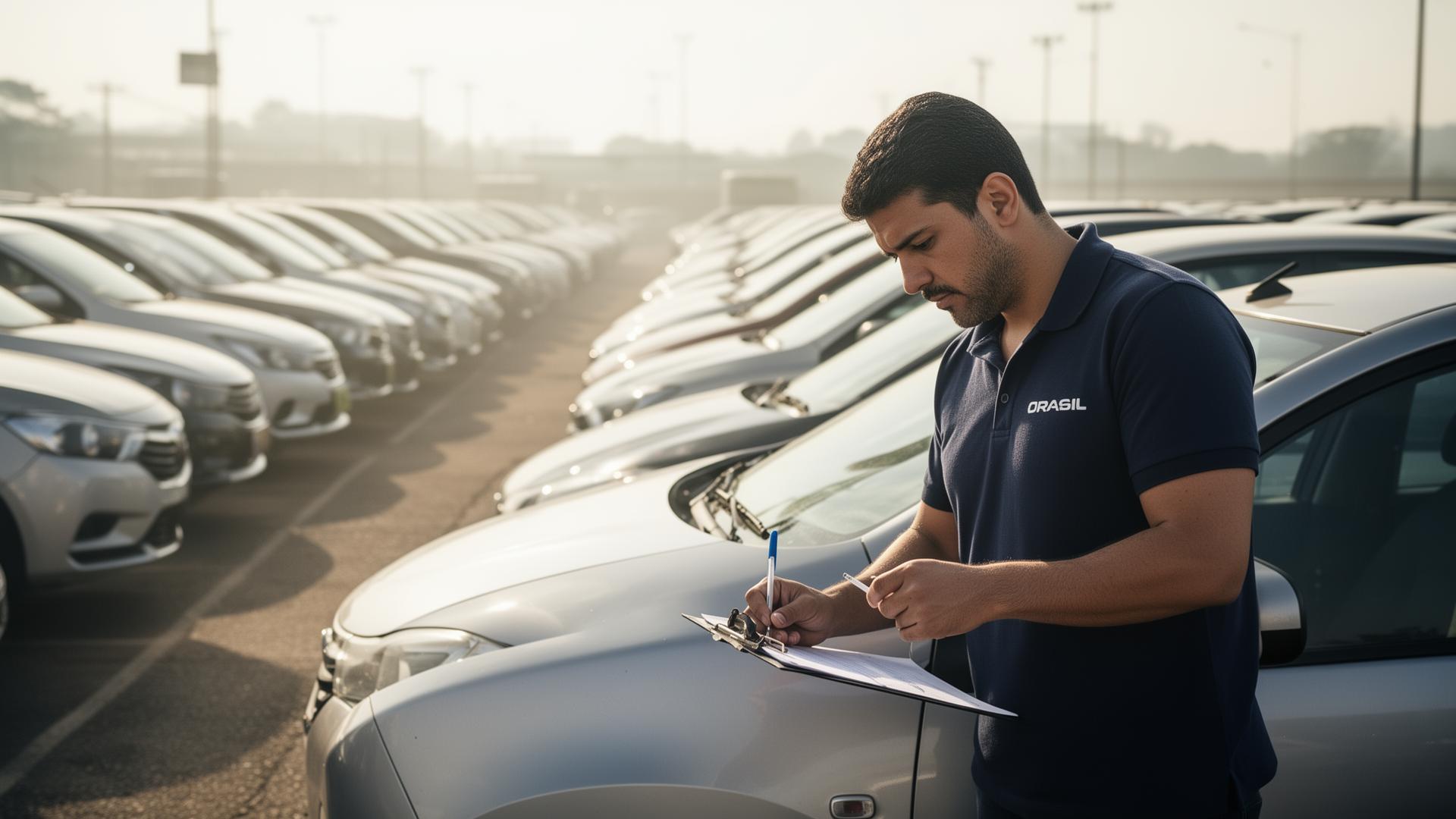 Inspetor profissional analisando um sedan em pátio de leilão de veículos no Brasil