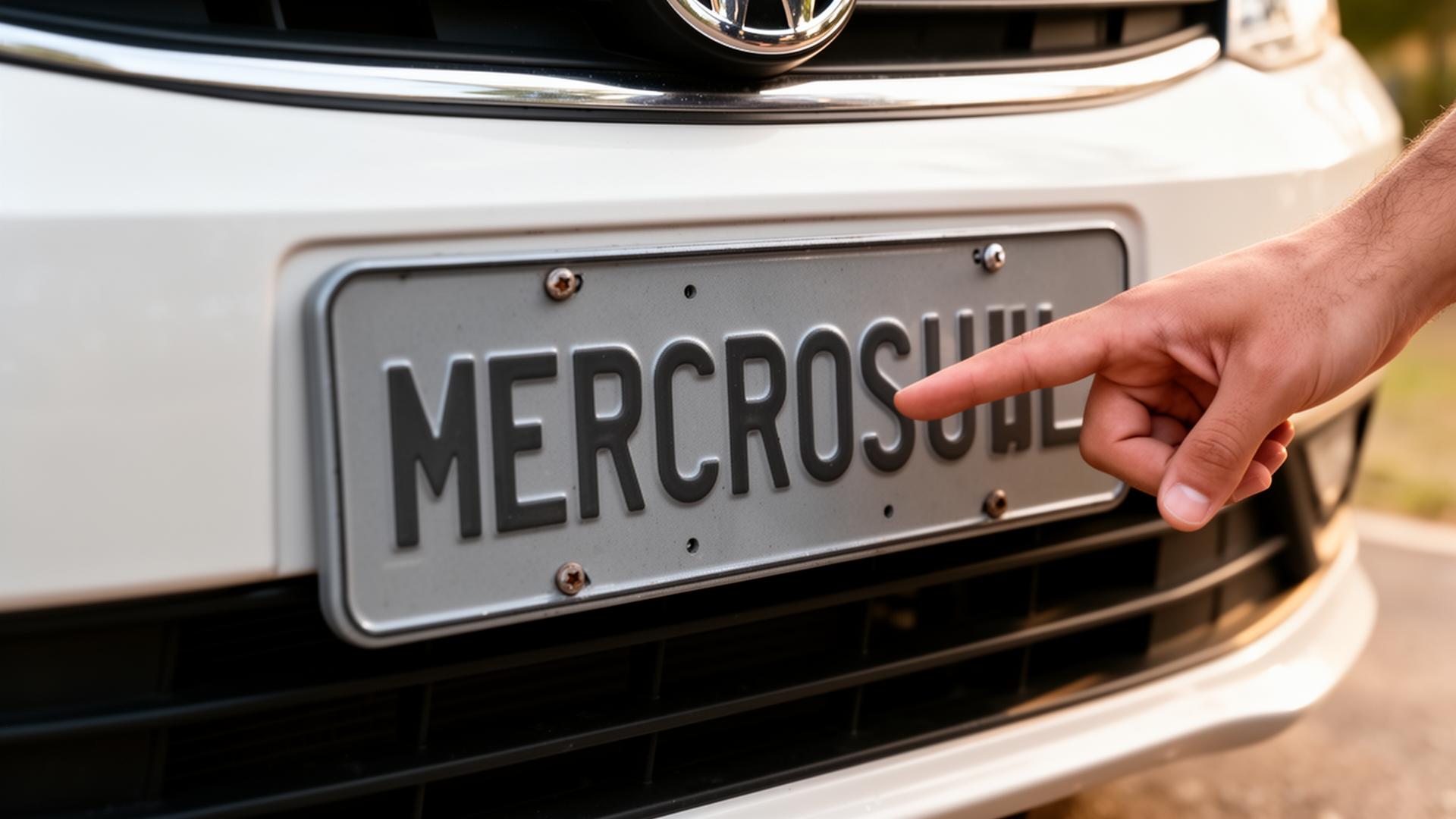 Mão segurando smartphone consultando placa de carro estacionado em rua brasileira