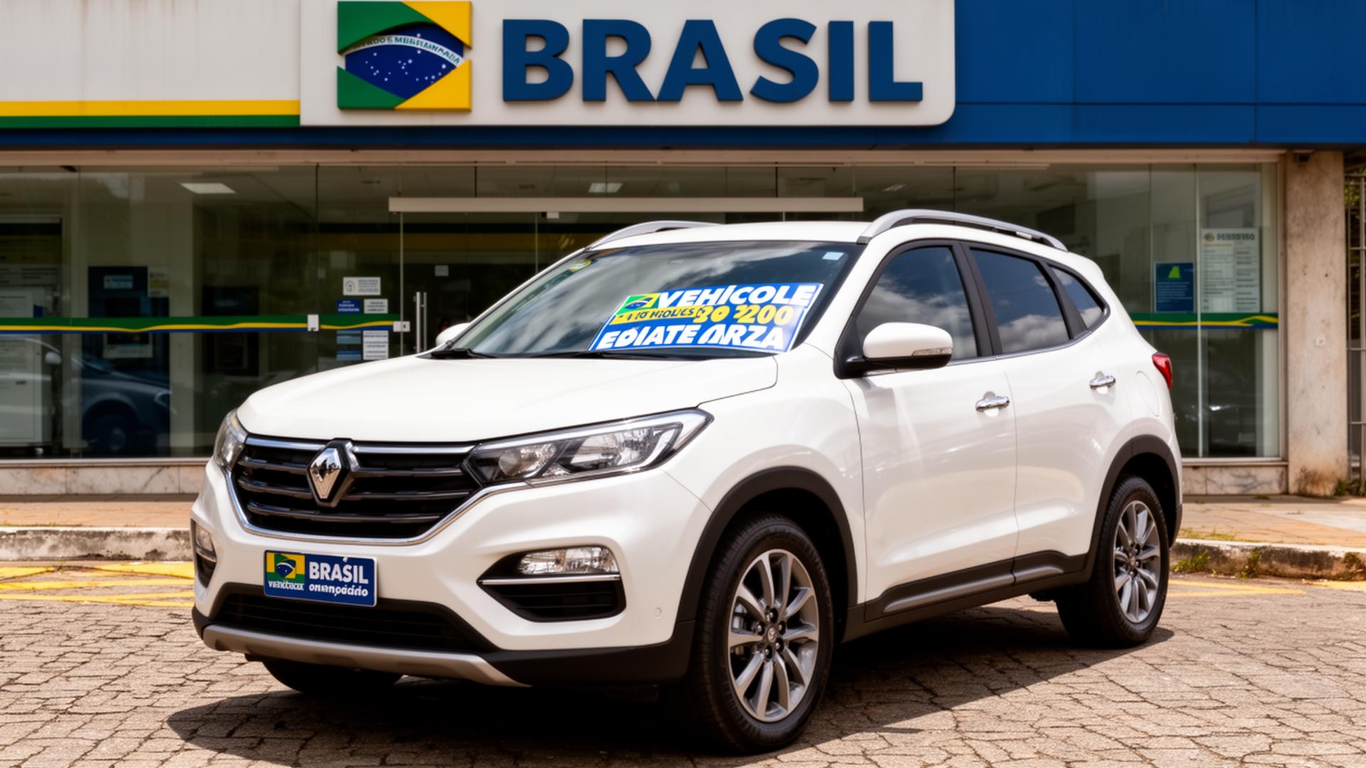 SUV branco com placa de venda exposto em frente a agência bancária brasileira
