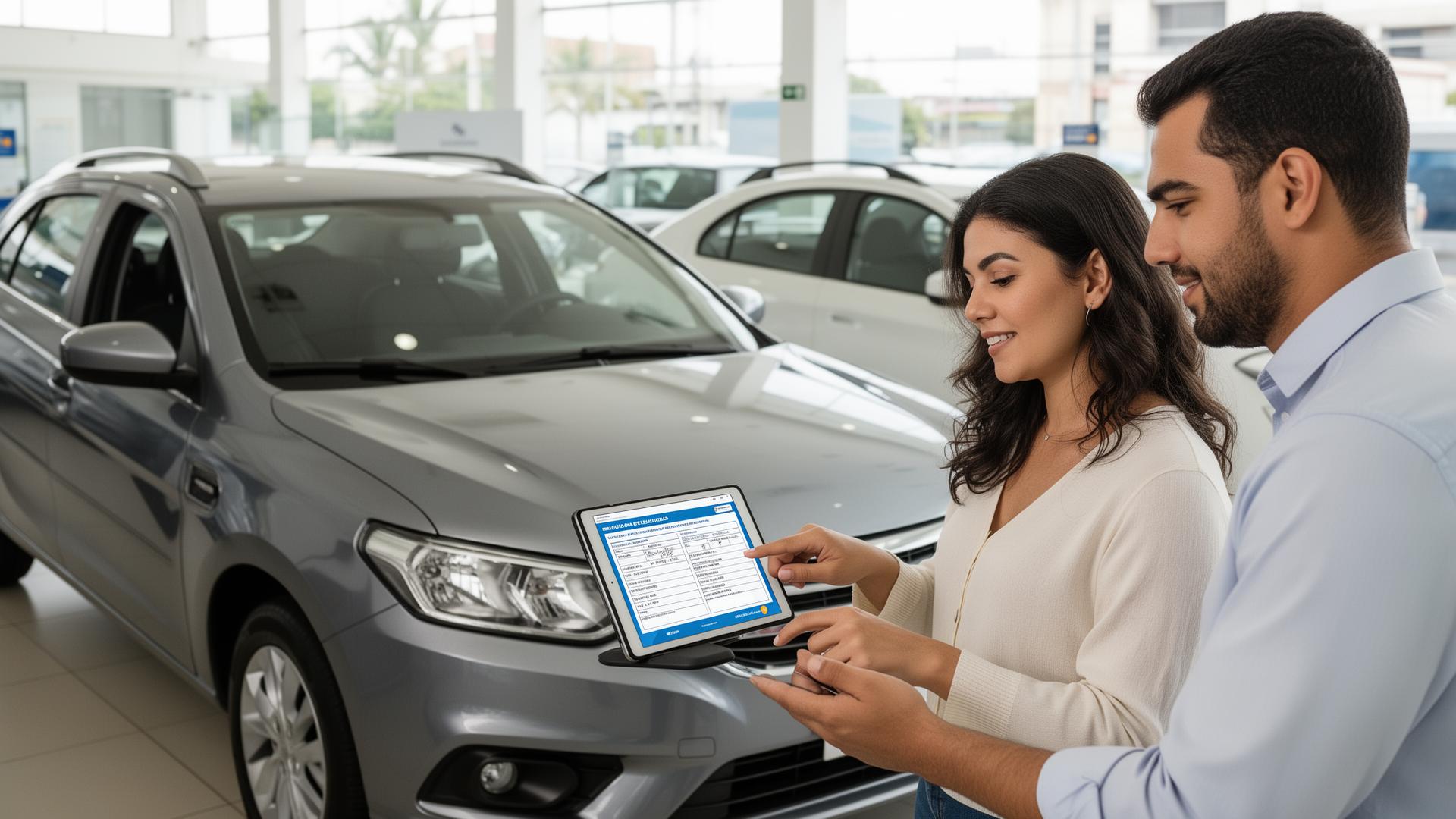 Casal consultando relatório de histórico veicular em tablet ao lado de carro usado em concessionária