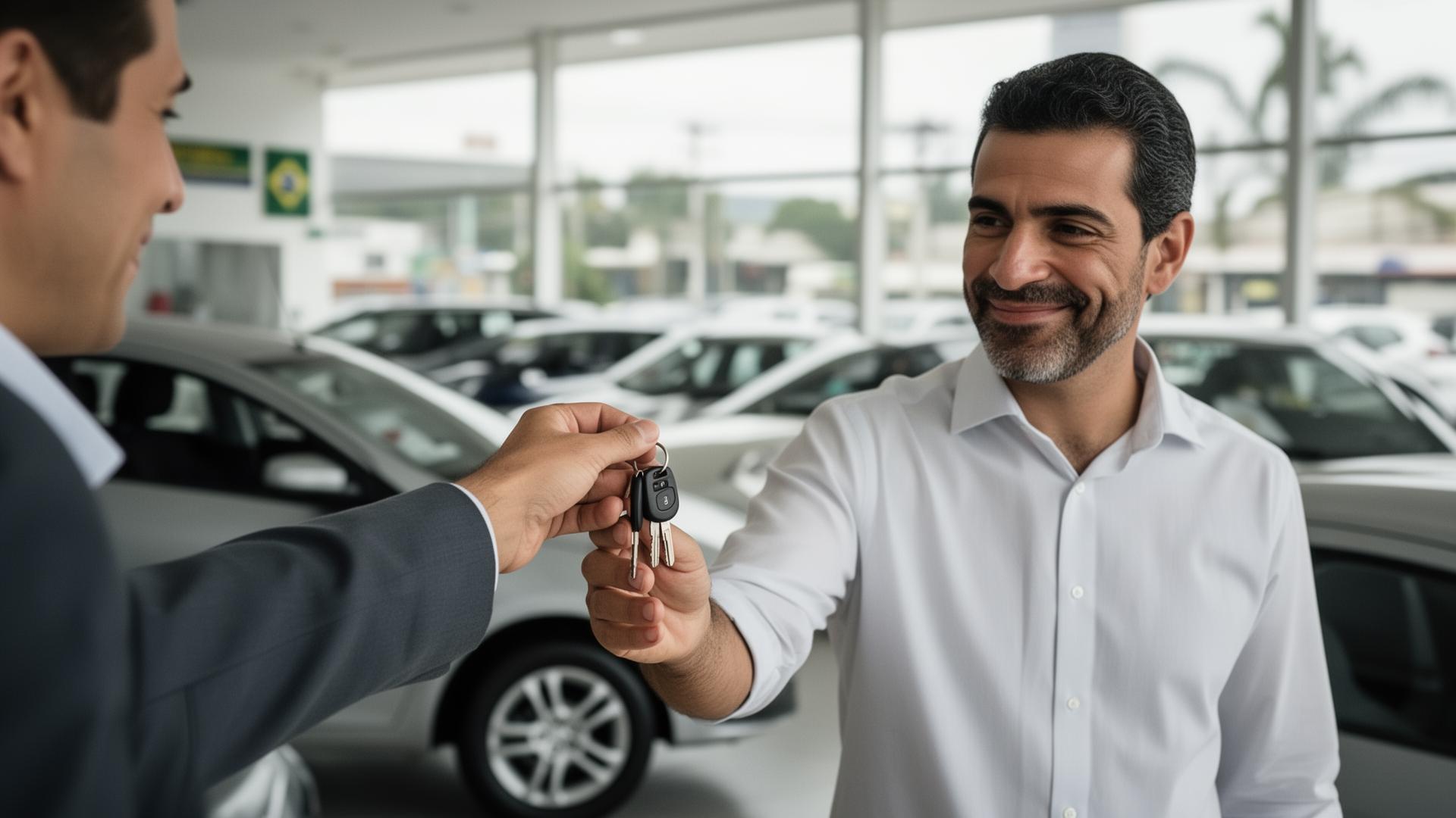 Vendedor de carros usados entregando chaves a cliente com sorriso discreto em concessionária brasileira