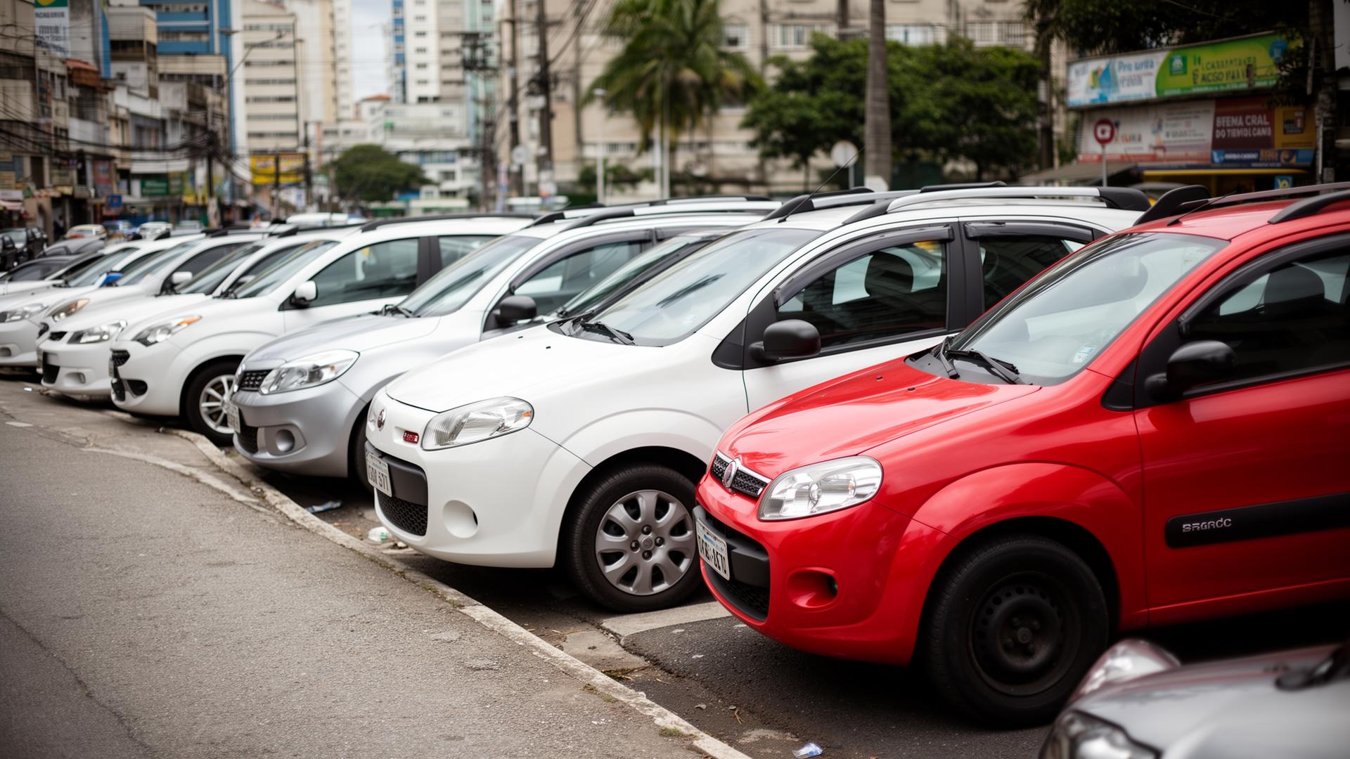 Carros estacionados em rua movimentada de cidade brasileira, com destaque para modelos populares visados por golpistas