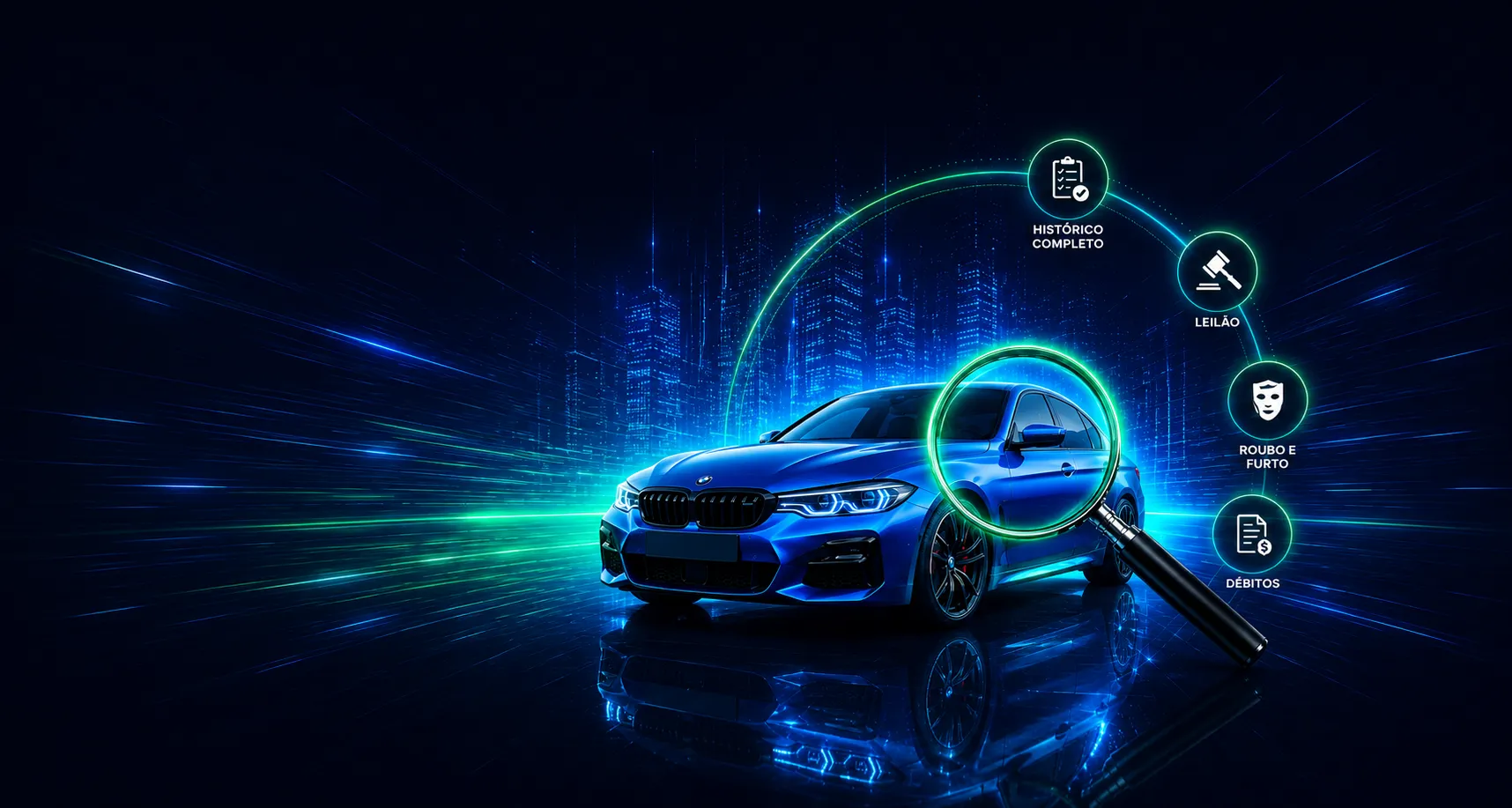 BMW azul com ícones de consulta veicular: leilão, roubo e furto, restrições, débitos e histórico completo